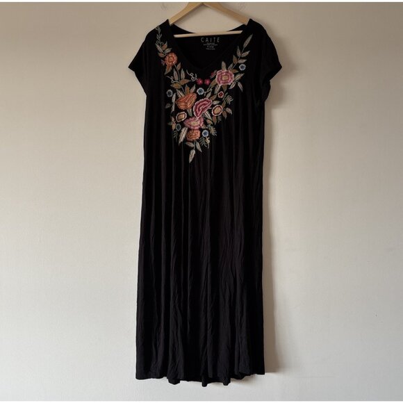 Caite Maxi Dress Floral Embroidery Size XL Black Resort Boho Hippie Stretch - Picture 1 of 10